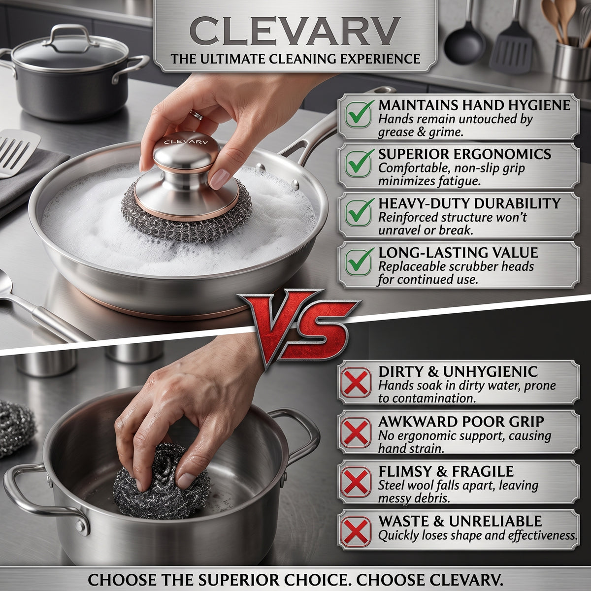 CLEVARY® Premium Stainless Steel Scrubber Kit Heavy-Duty Kitchen Cleaning Brush with Replaceable Scrub Heads