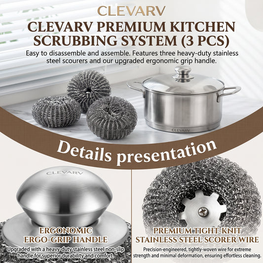 CLEVARY® Premium Stainless Steel Scrubber Kit Heavy-Duty Kitchen Cleaning Brush with Replaceable Scrub Heads