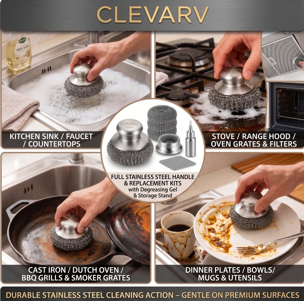 CLEVARY® Premium Stainless Steel Scrubber Kit Heavy-Duty Kitchen Cleaning Brush with Replaceable Scrub Heads