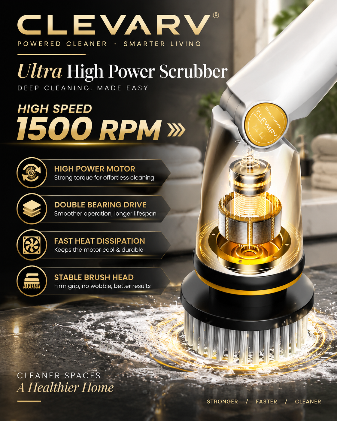 CLEVARY® Ultra Power Cordless Spin Scrubber 1500RPM Electric Cleaning Brush With Adjustable Long Handle