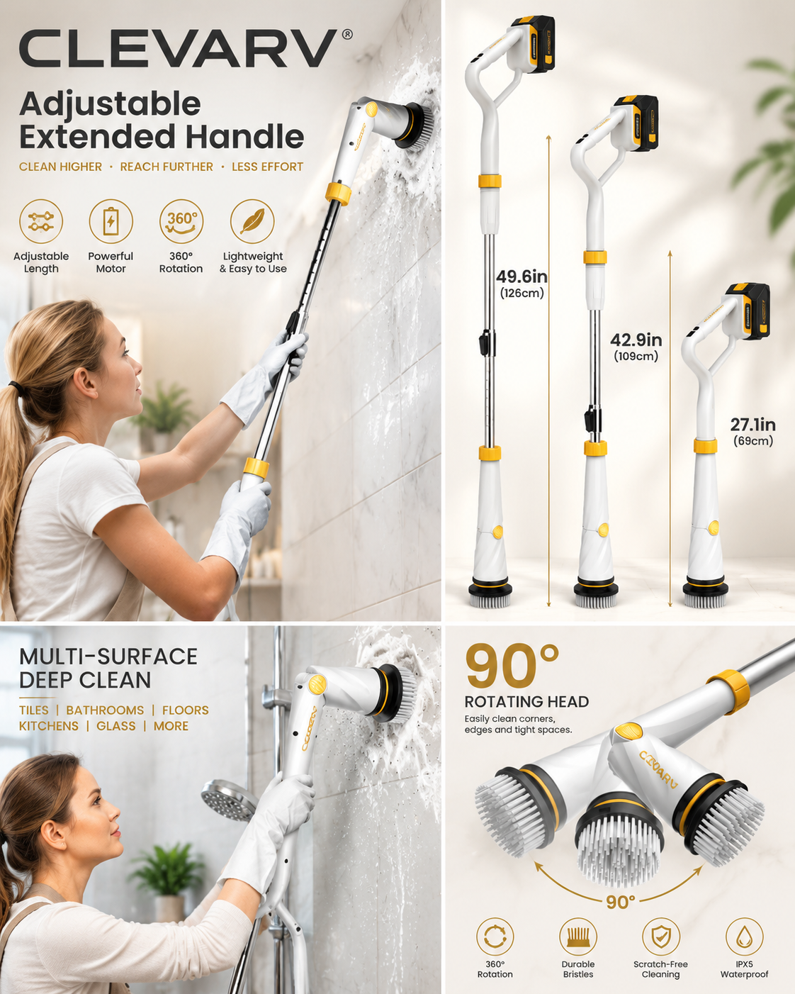 CLEVARY® Ultra Power Cordless Spin Scrubber 1500RPM Electric Cleaning Brush With Adjustable Long Handle