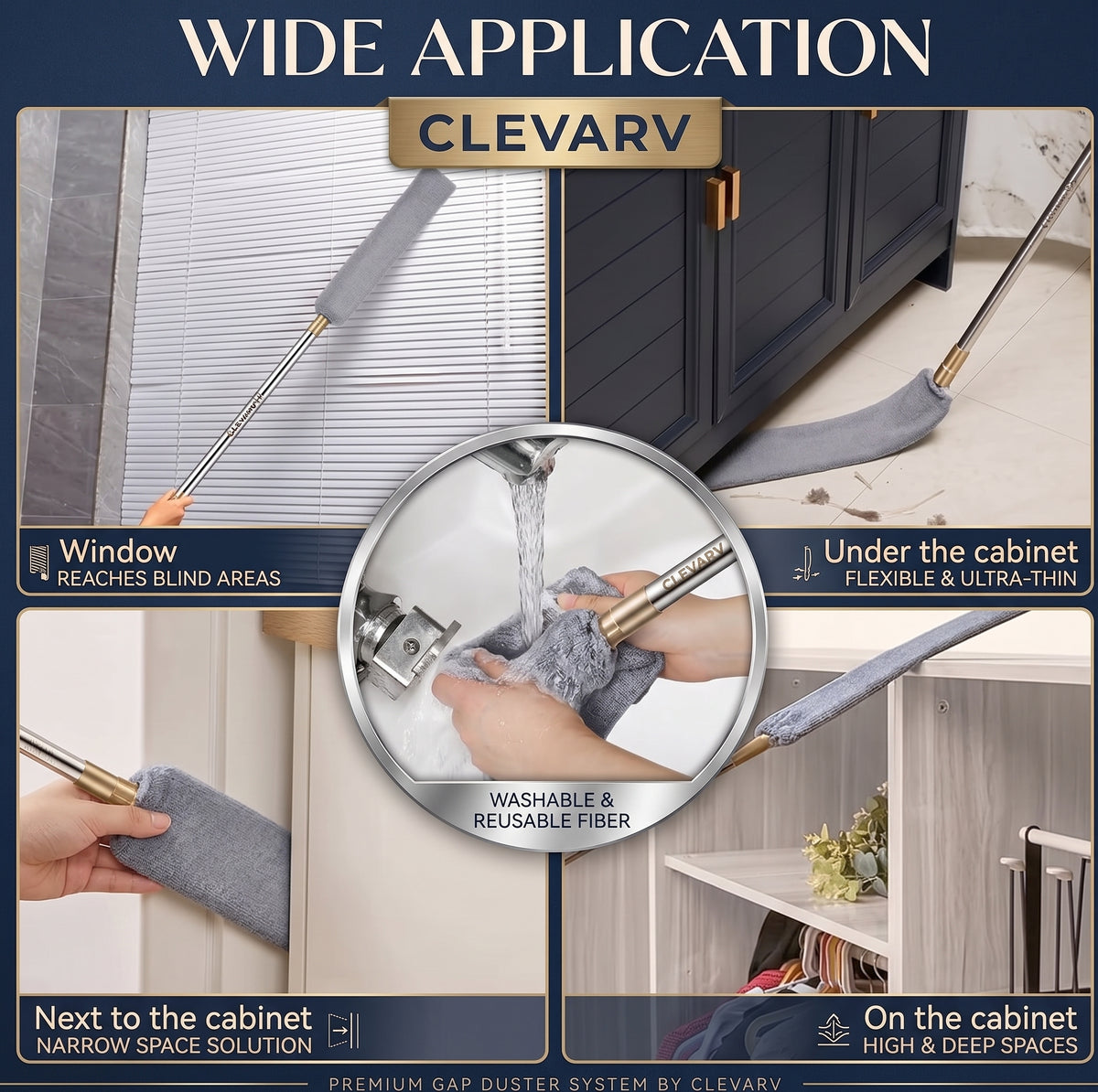 CLEVARY® FlexReach™ Premium Gap Cleaning System Ultra-Thin Extendable Microfiber Duster for Hard-to-Reach Areas