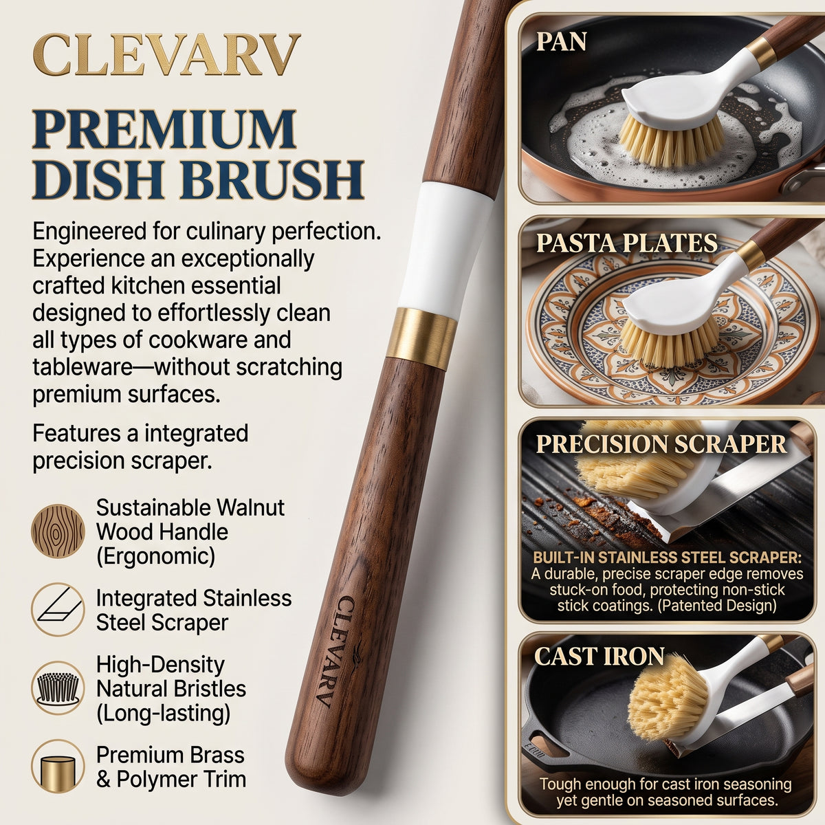 CLEVARY® Natural Wood Vegetable Cleaning Brush Premium Root Vegetable Scrubber for Gentle Kitchen Cleaning