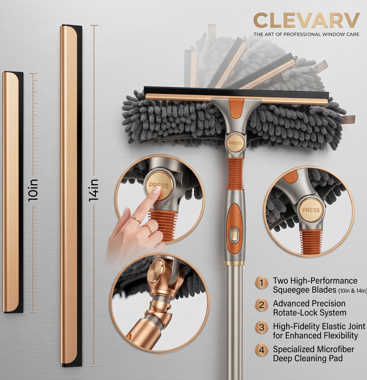 CLEVARY® Elite Window Cleaning System Premium Microfiber Window Cleaner With Flexible Rotating Head