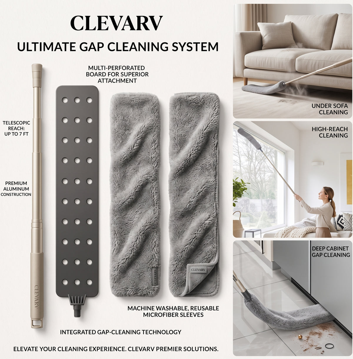 CLEVARY® FlexReach™ Premium Gap Cleaning System Ultra-Thin Extendable Microfiber Duster for Hard-to-Reach Areas
