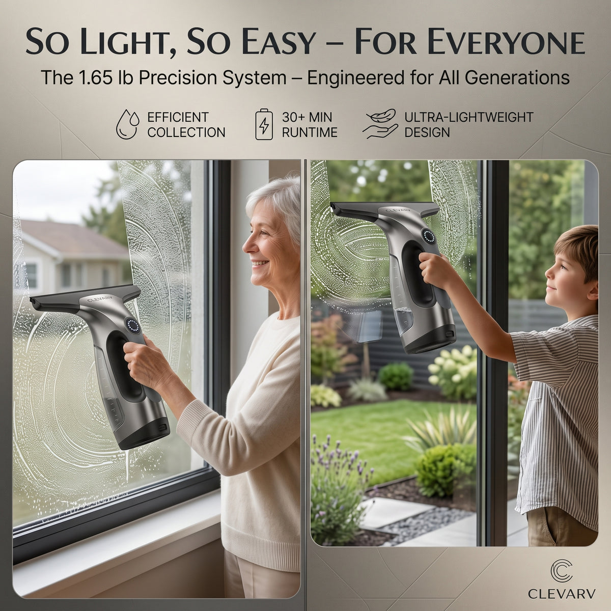 CLEVARY® Smart Window Vacuum Cleaner Cordless Streak-Free Glass Cleaner With Powerful Water Suction