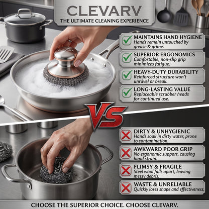 CLEVARY® Premium Stainless Steel Scrubber Kit Heavy-Duty Kitchen Cleaning Brush with Replaceable Scrub Heads