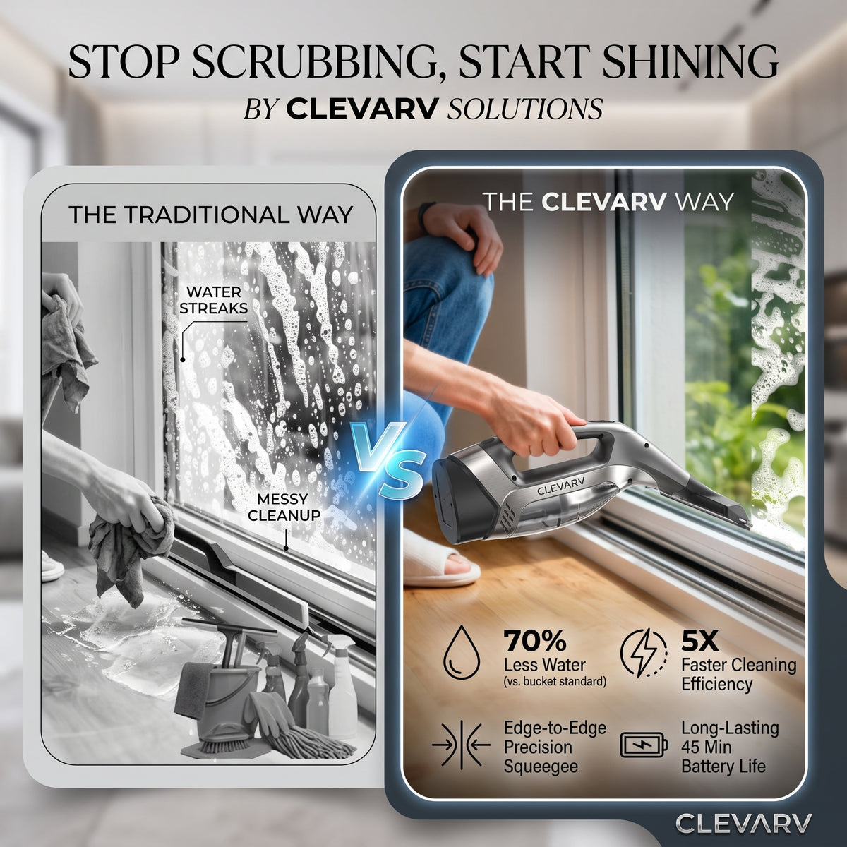 CLEVARY® Smart Window Vacuum Cleaner Cordless Streak-Free Glass Cleaner With Powerful Water Suction
