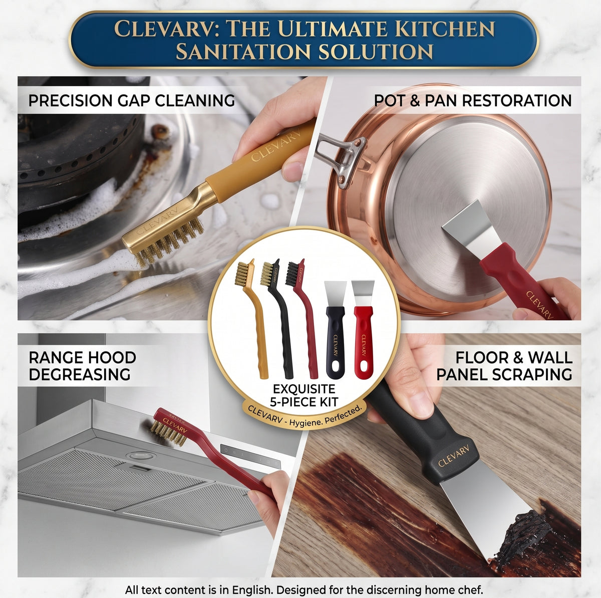 CLEVARY® KitchenPro™ Premium Cleaning Brush Kit 5-Piece Kitchen Deep Cleaning Tool Set for Pots, Pans, Stoves & Hard-to-Reach Areas